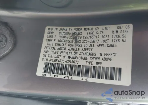 2007 Honda Cr-V Ex-L z USA, uszkodzony, nr VIN JHLRE48757C015073